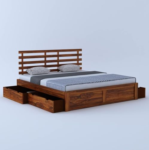 Image of Ganpati Arts Solid Sheesham Wood King Size Strap Bed with 4 Drawers Storage for Bedroom | Wooden Double Bed Cot Palang Furniture for Living Room Home and Hotel - (Honey Finish) 1 Year Warranty