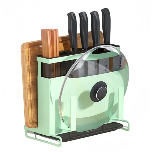 tangcheng 包丁スタンド 俎板スタンド 包丁立て まな板スタンド キッチンツールスタンド 包丁差し 壁掛け式カウンタートップ パンチフリー 多機能収納ラック 鍋蓋スタンド 箸立て 水切りトレイ付 防錆 おしゃれ 省スペース まな板立て 包丁ケース