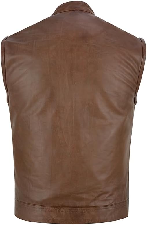 Men’s Collarless Leather Motorcycle Vest – SOA Style Biker Waistcoat with Adjustable Side Laces & Concealed Pockets