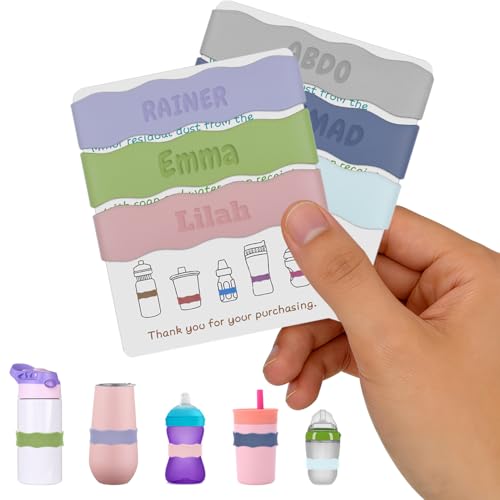 3 Pack Personalized Water Bottle Name Bands Custom Silicone Baby Bottle Labels for Daycare Reusable Laser Engraving Bottle Name Tags Customized Kids Cups Grip Straps Waterproof