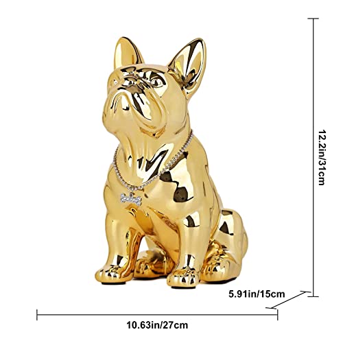 Shengtian Seated French Bulldog Statue Resin Electroplated Dog Animal Sculpture With Silver Necklace Necklace Living Room End Table Kitchen Countertops Bedroom Bathroom Cabinet Home Decor (12In,Gold) #TOP5