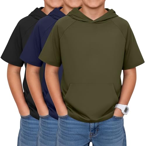 Xaatren 3 Pack Boys Short Sleeve Hoodie Kids Summer Hooded Pullover Shirts with Pocket Teen Athletic Hoodie Sweatshirt(Army Green, Navy Blue, Black,5-6 Years)