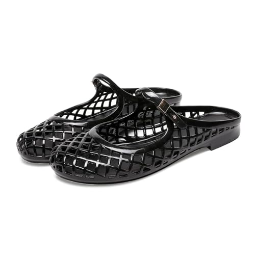 Image of Jelly Mesh Ballet Flats for Women Clear Hollow Jelly Shoes Sandals Round Toe Non-Slip Beach Ballerina Jellies Flats Shoes