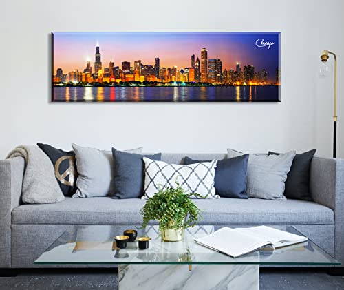 Image of Chicago Skyline Wall Art Canvas Prints, Framed, 13.8 inchx45.3 inch | Cityscape USA City Building, Panoramic Night View, Colorful Painting, Modern Home Office Bedroom Decoration
