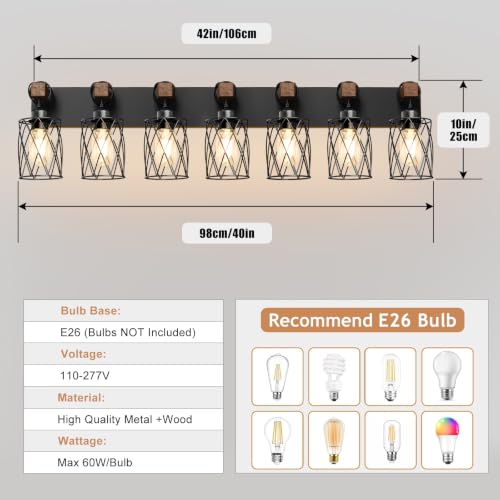 Image of IZORRO Farmhouse Bathroom Vanity Light, 7-Light Wood Bathroom Light Fixtures Over Mirror, Black Industrial Vanity Lights with Metal Shade, Rustic Restroom Lighting Fixtures