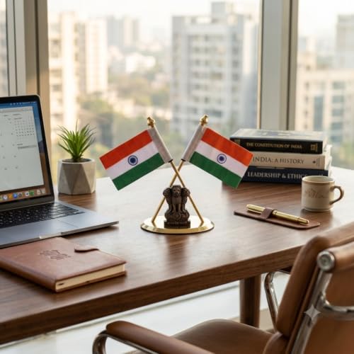 Image of Zahepa Dual-Sided Fabric Indian Tricolor Flag with Gold Plated Base for Car Dashboard, Office Desk, Home Decor & Gifting Tabletop Decoration for Home, Office & Corporate Use | Pack of 1