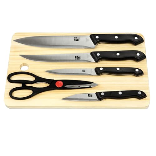 Home Basics 5 Piece Stainless Steel Knife Set with All Natural Wood Cutting Board Includes Kitchen Shears, 3.5