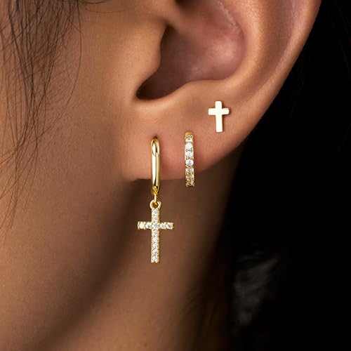 Gelbesty 3 Pairs Gold Dangle Earrings Set for Women Dainty Seashell Starfish Cross Stud Hoop Earrings for Multiple Piercing Cartilage 14K Plated Womens Summer Jewelry Gifts2