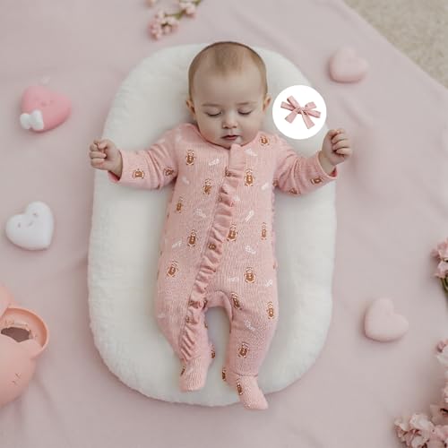 Sasaerucure Newborn Infant Baby Girl Christmas Outfit Candy Cane and Gingerbread Print Long Sleeve Footed Onesie + Bow2