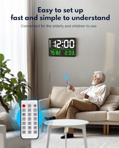 Image of Large-Digital-Wall-Clock Large Display with Remote Control, Automatic Brightness Alarm Clock with Temperature, Date, Week for Living Room Office Decor (16 inch Square Green &White)