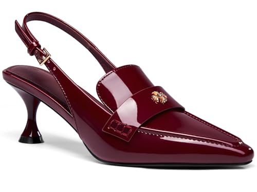 Burgundy strappy kitten-heel slingback sandals