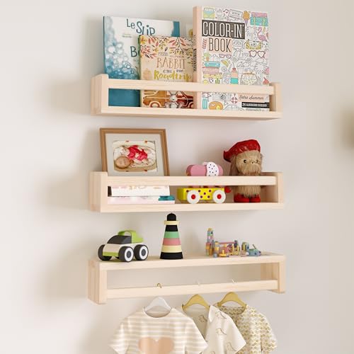 Image of Heimlove Nursery Floating Shelves, Solid Wood Nursery Book Shelves for Wall, 16 inch Bookshelf for Kids, Wall Mounted Shelves for Books,Toys and Decor Storage, Set of 3