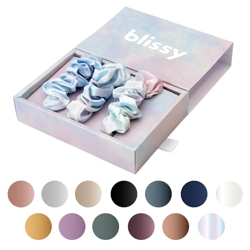 Blissy Silk Scrunchies (3 Pack) - 100% Pure Mulberry Silk - 22 Momme 6A High-Grade Fibers Scrunchie for Straight & Curly Hair - Preventing Breakage, Tangling, & Creasing (Tie Dye Regular)