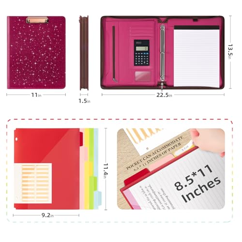 Image of Ospelelf Zipper Clipboard with Storage, Leather Padfolio Portfolio Folder, 3 Ring Binder Dividers with Tabs, 12.1 inch Tablet Sleeve, Refillable Notepad, Card Slot (Rose Red)