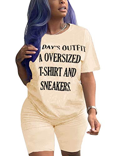 Womens 2 Piece Jogging Suits Letter Printed Short Sleeve Tee Shirts High Waisted Leggings Jogger Pajamas Set Buttercream L