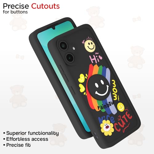 Image of Pikkme Back Cover for Samsung Galaxy A04 | Soft Silicone| Cute Rainbow Smile & 3D Cartoon Flower Design | Shockproof Raised Camera Protection Bumper Case (Black)