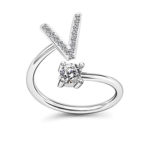 Image of HUJUON Silver Initial Letter Ring for Women. Adjustable Crystal Alphabet Ring,Name Initials Stackable Knuckle Rings A-Z CZ Open Ring