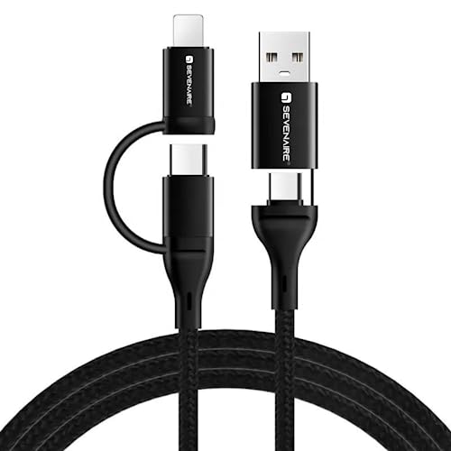Image of Sevenaire 4in1 Nylon Braided Multifunction Smart Charging Cable Compatible with Type C, Micro USB and iPhone Devices.