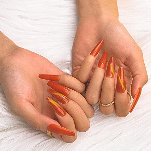 ELABEST Cat Eye Ballerina False Nail Bling Solid Color Long Coffin Fake Nails Press on 24Pcs Acrylic Art Nail Tips For Women and Girls (Orange)