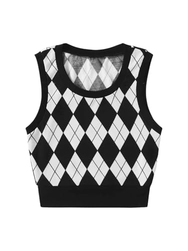 SOLY HUX Women's Sweater Vest Argyle Plaid Sleeveless Crew Neck Preppy Knitted Crop Tank Top