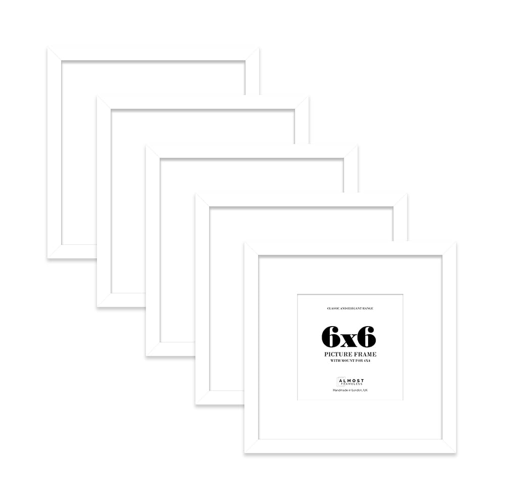 6x6 White Picture Frame with Mount for 4x4 Photos, Prints - Modern Square Wall Frame, Set of 5