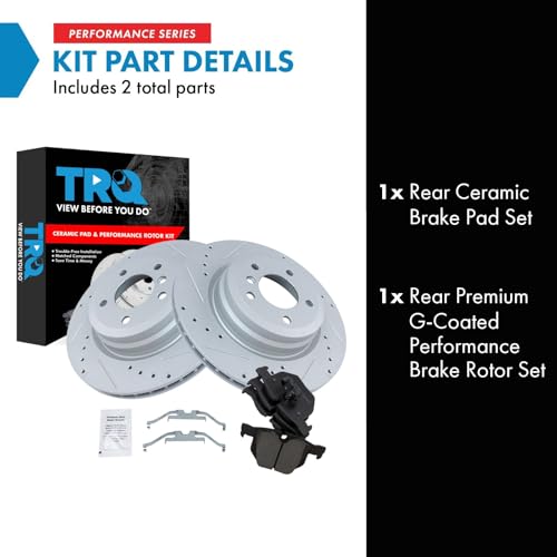 Image of TRQ Rear Brake Pad & Rotor Kit Performance Ceramic Premium G-Coated Compatible with 2006 BMW 330i 330xi 2009-2011 335d 2007-2013 335i 2009-2013 335i xDrive 2011-2013 335is 2007-2008 335xi 2013-2015 X1