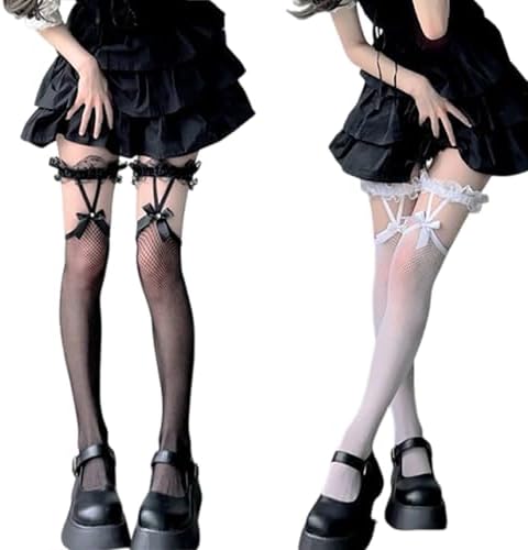 [LIKENNY] ニーハイソックス 靴下 2点セット（黒+白）セクシー ハイソックス 美脚 cosplayや制服用 JK オーバーニーソックス レディーズ コスプレ コスチューム用小物 詳細画像1