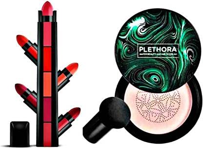 Plethora Mushroom head air cushion cc cream Moisturizing Foundation Brightening BB Cream Whitening Maquiagem foundation & 5 Step Matte Lipstick Multicolor (6 Items in the set)
