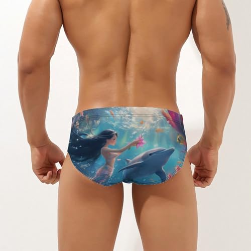 Mermaid and Whale Printed Swim Briefs for Men Sexy Bikini Swimwear Elastic Beach Trunks Bathing Suit3