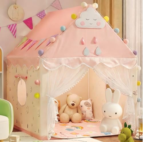 Kids Tent Play House with Lights Kids Play Tent with Multi-Coloured Ball Lights & Tote Bag & Flags & Clouds Indoor Outdoor Princess Tents Toddlers Playhouse for Girls Boys Birthday Gifts(Pink)
