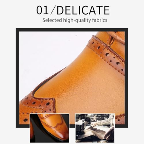 Men’s Leather Wingtip Oxfords Classic Brogue Lace Up Chunky Heel Dress Shoes for Wedding Office Business Formal Derby Shoes3