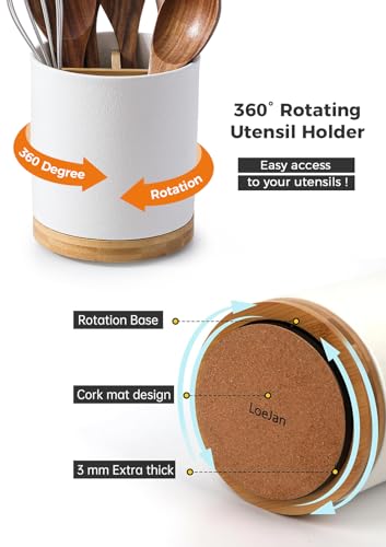 Image of LoeJan 3 Compartment Utensil Holder, Extra Large Utensil Crock, Stable Ceramic Utensil Organizer, Cooking Tool Organizer Set for Kitchen Counter Farmhouse Decor, Textured White