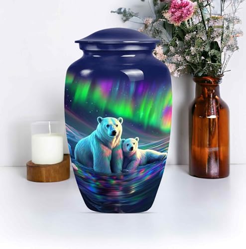 Image of Northern Lights Polar Bear Urn for Adult Ashes Male & Female - Large Memorial Urns for Human Ashes - Elegant Aurora Borealis Themed Burial Urns - Decorative Urn (Large 10 inch)