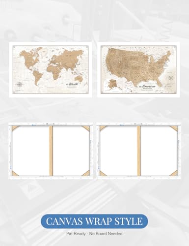 Image of IPIC - World and USA Map Canvas Wall Art, Oversized Travel Map Prints for Office, Home, Study and RV, Push Pin Board Decor for Travel Lovers, Ready to Hang