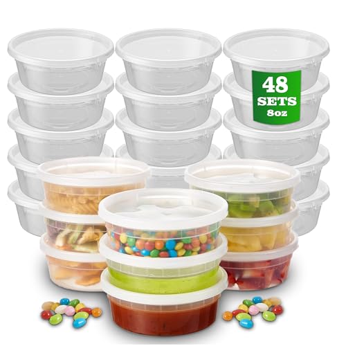 APSIC Plastic Deli Containers with Lids, 48 Sets 8oz Leakproof Soup Storage Containers for Restaurant, Round Takeout Deli Cups for Food Slime Meal Prep Leftover, BPA Free, Microwave/Freezer Safe