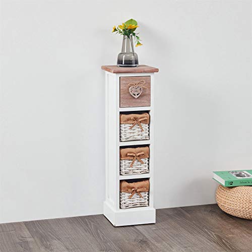 IDIMEX Chiffonnier Flower H 70 cm en Bois Massif Blanc et Brun 1 tiroir et 3 paniers Commode Petit Meuble de Rangement Haut pour Chambre ou Salle de Bain