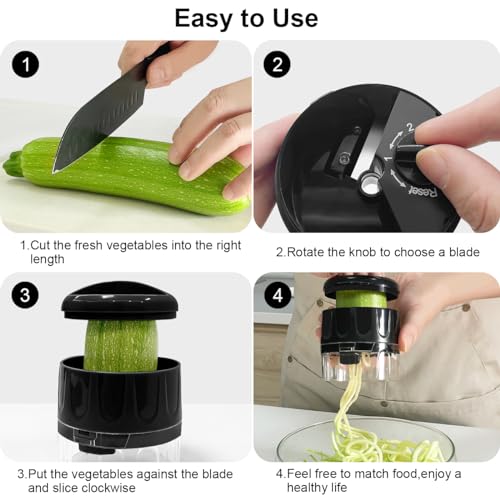 3 in 1 Vegetable Spiralizer Slicer, Adjustable Zucchini Carrot Noodle Maker, Cucumber Spiral Cutter, Easy to Use Kitchen Tool(Black)