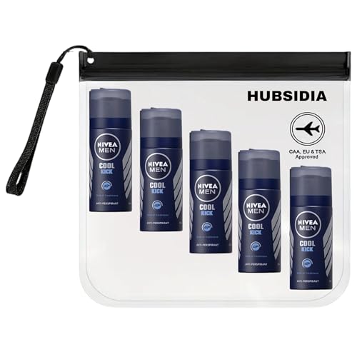 Travel Size Deodorant for Men Antiperspirant Bundle with 5 x Nivea Cool Kick Travel Size (35 ml) and 1 x Hubsidia Clear Travel Bag Airport Approved