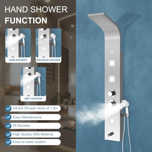 Image of JAAZ | Imperial Steel Matte Shower Panel Tower System | 3 Body Jets, Tub Spout & Hand Shower with 3 Modes | Adjustable Knobs | Bathroom Shower Set