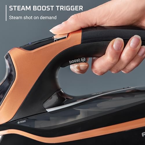 Rowenta Iron, Steam Force Pro Steam Iron for Clothes 1850 watts, 5 presets Smart Screen, Stainless Steel Soleplate, High-Efficiency Handheld Ironing, Black Copper, DW9580