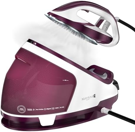 Close-up of the steam iron's ceramic soleplate and handle.