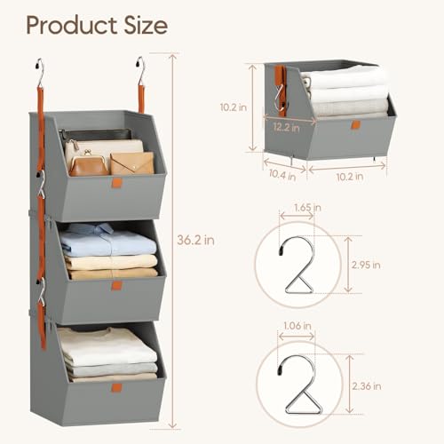 Image of Homsorout Collapsible Hanging Closet Organizer - 3 Tier Closet Shelves Storage System with Hooks, Fabric Hanging Storage Bins for Clothes, Foldable Storage Basket for Laundry, Bedroom, Rv, Grey
