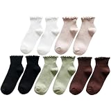 keusyoi 5 Paar Kurze Rüschensocken für Damen, Mädchen-Söckchen, einfarbig, lässig, dünn, atmungsaktiv, japanischer Stil, Baumwollsocken