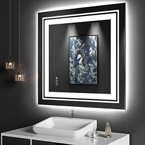 Snowdool - Espejo de baño LED con luces, 36 x 36 pulgadas frontal y retroiluminado espejo de baño, espejo de cambiador con luz antivaho, regulable continuo, 3 colores, espejo LED...