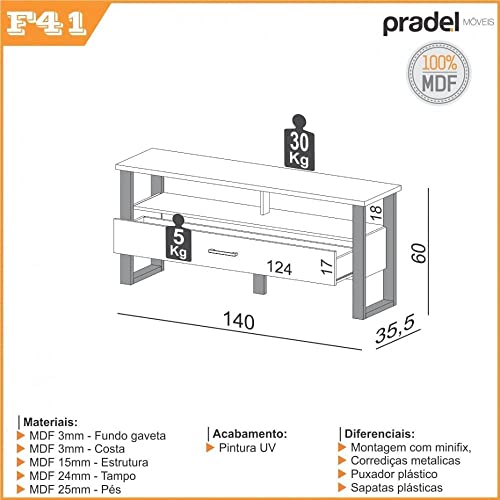 Rack para Tv até 32 Polegadas 1 Gaveta 2 Prateleiras 140cm Industrial Pradel Móveis Freijó/preto