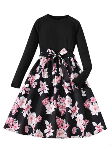 MakeMeChic Girl's Floral Print Long Sleeve Flared Midi Dress Crew Neck Belted Dresses