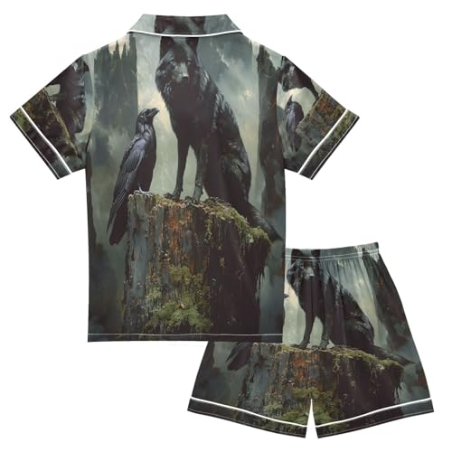 ALAZA Wolf Crow Bird Satin Pajamas Set Short Sleeve Button Down Sleepwear Summer Pjs 2 Piece2