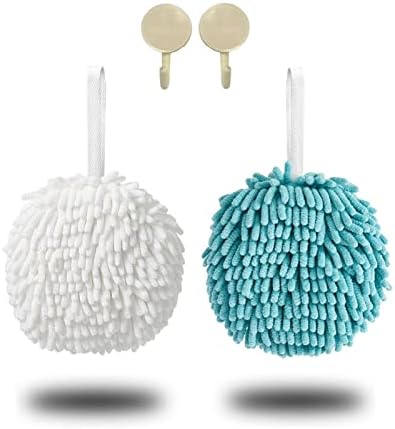 XINOBO 2Pack Chenille Quick Dry Bath Hand Drying Puff Towel Balls, Creative Decorative Kitchen Hanging Fuzzy Towels Set Gadgets for Bathroom, Your Kids Hands Fast Drying - (White&Blue)