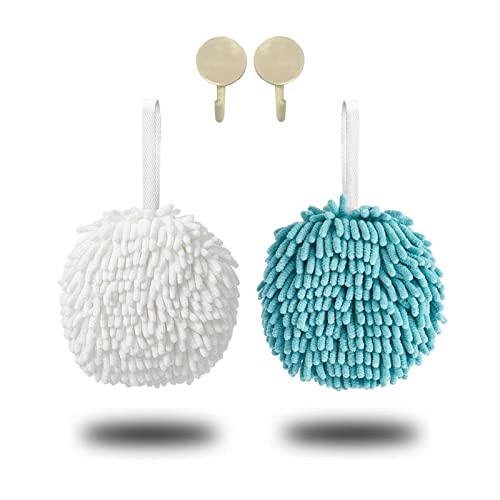 Xinobo 2Pack Chenille Quick Dry Bath Hand Drying Puff Towel Balls, Creative Decorative Kitchen Hanging Fuzzy Towels Set Gadgets For Bathroom, Your Kids Hands Fast Drying - (White&Blue) #TOP3