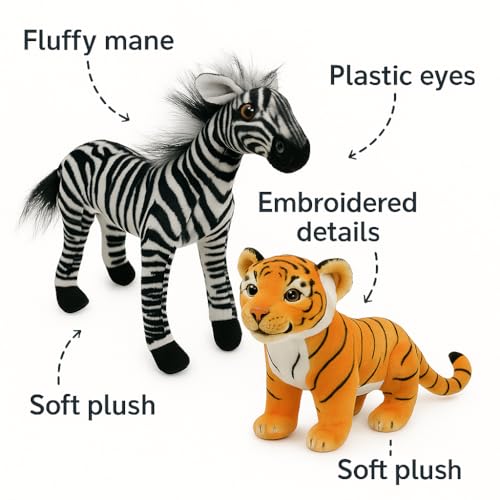 Image of Zebra & Orange Tiger Soft Toy Combo - 30cm Each | Jungle Animal Plush Toy Set for Kids | Cuddly Stuffed Animals for Boys & Girls | Birthday Gift & Nursery Decor